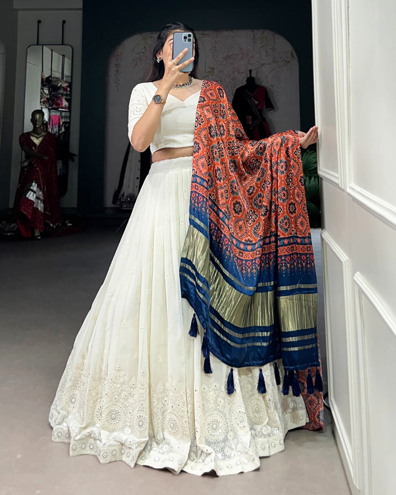 Designer Off-White Lucknowi Work Georgette Lehenga Choli