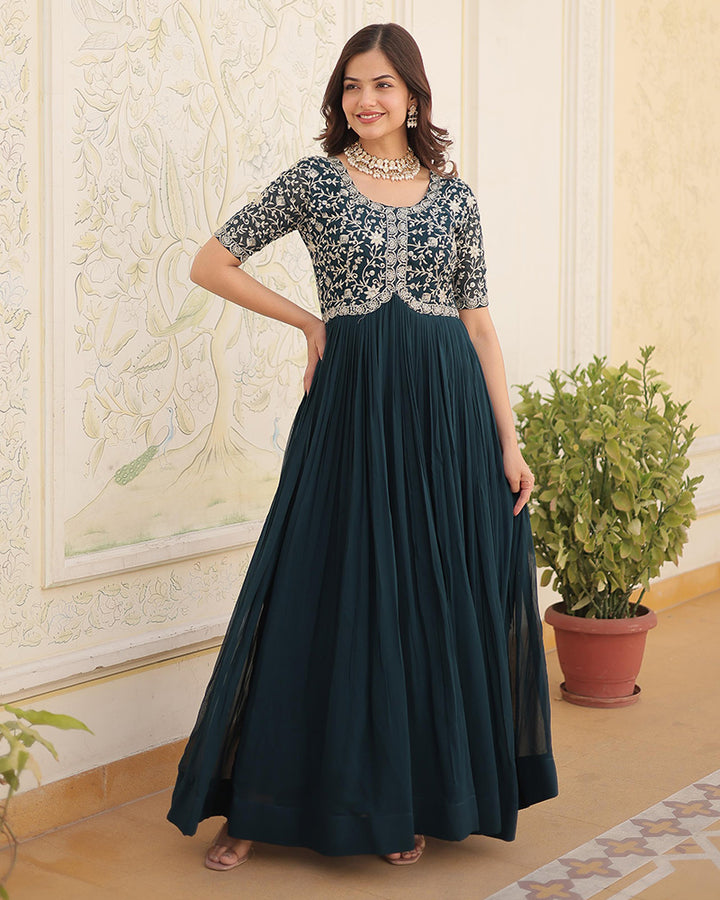 Beautiful Rama Color Embroidered Anarkali Gown