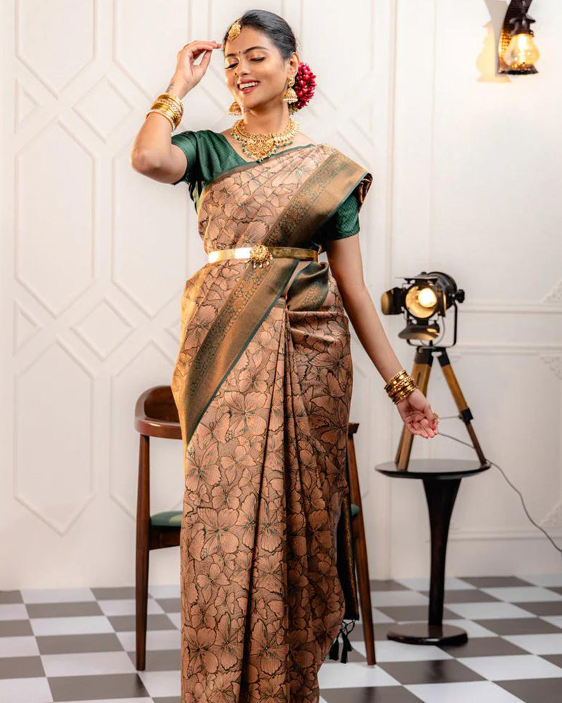 Designer Cream Color Jacquard Banarasi Silk Saree