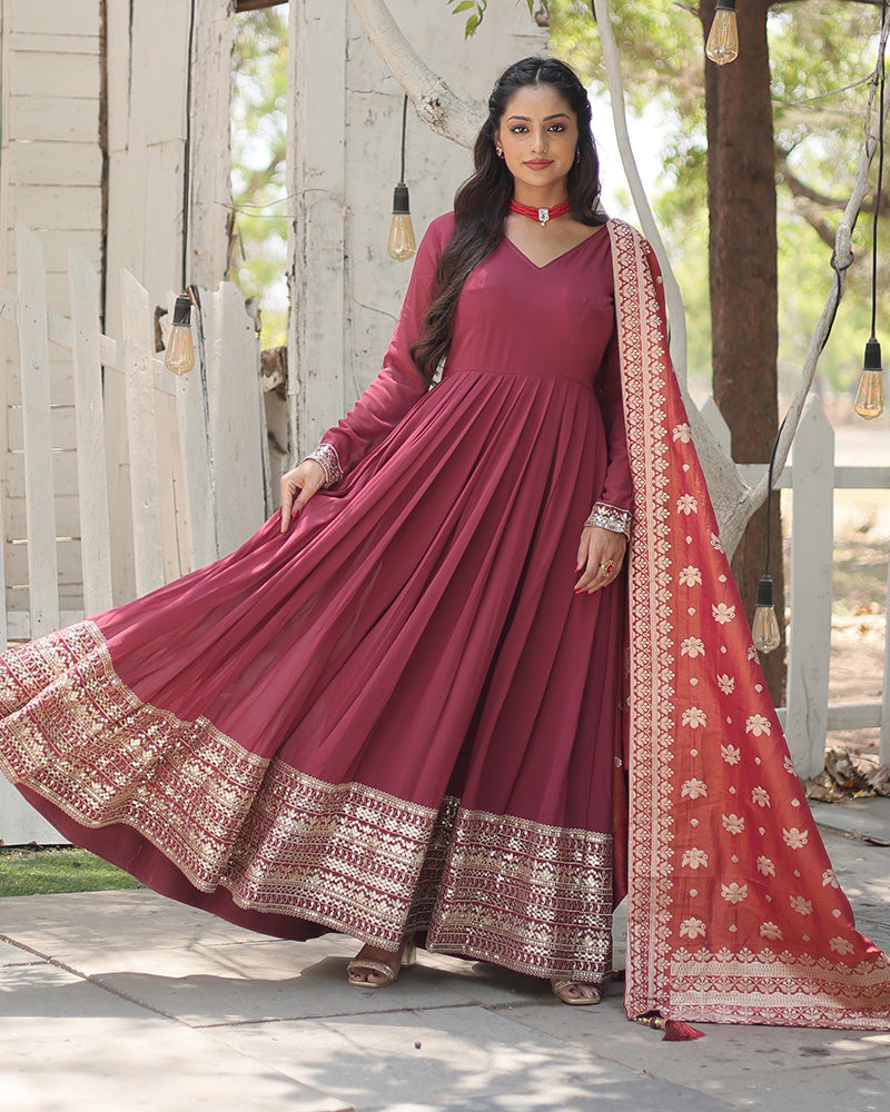 Dusty Pink Color Georgette Gown With Jacquard Dupatta