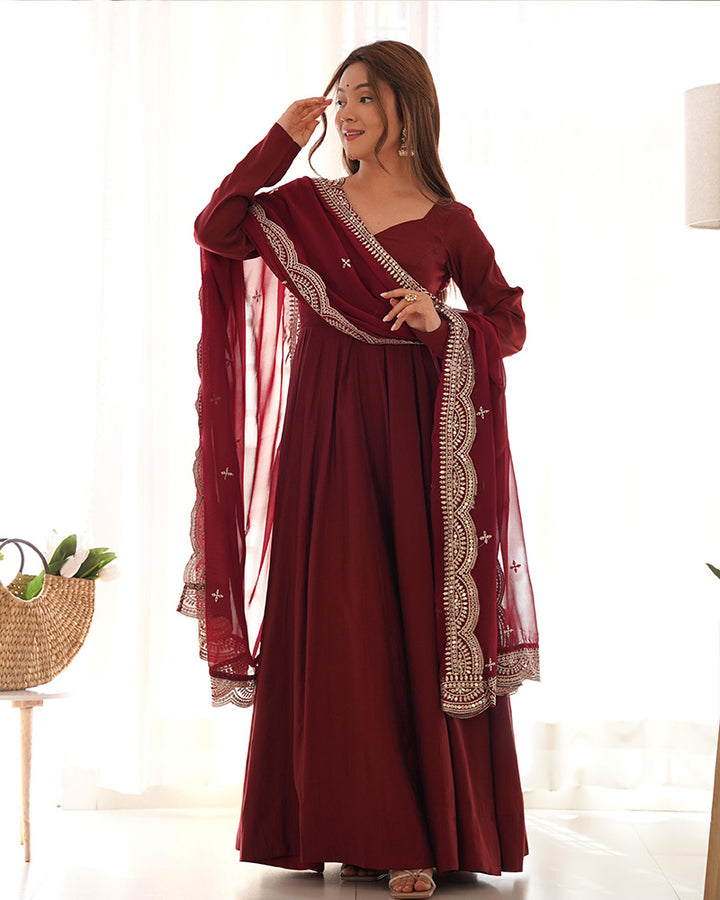 Maroon Color Chanderi Silk Three Piece Anarkali Suit