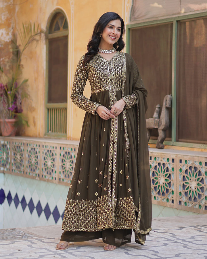 Mehndi Color Georgette Embroidered Sharara Suit