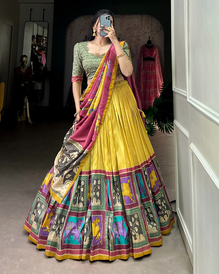 Kalamkari Printed Mustard Color Tussar Silk Lehenga Choli