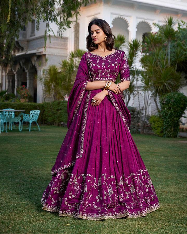 Designer Wine Color Vichitra Silk Embroidery Lehenga Choli