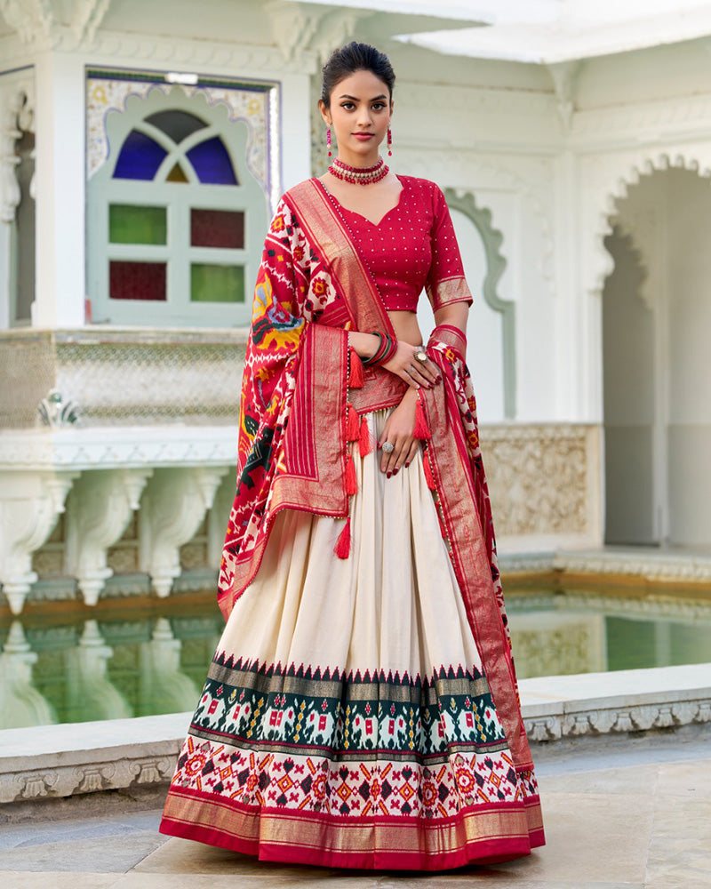 Patola Printed Off-White Color Tussar Silk Lehenga Choli