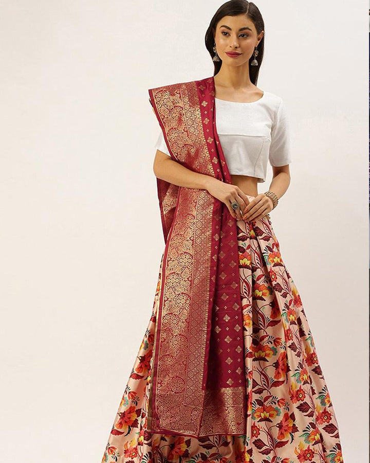 Peach Maroon Banarasi Satin Silk Lehenga Choli