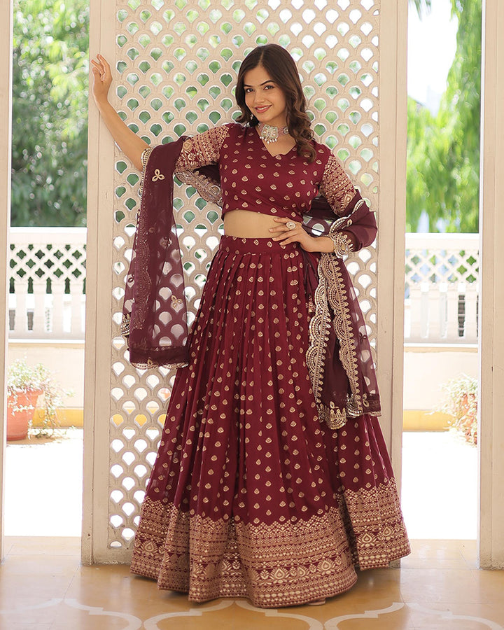 Designer Wine Color Viscose Jacquard Lehenga Choli