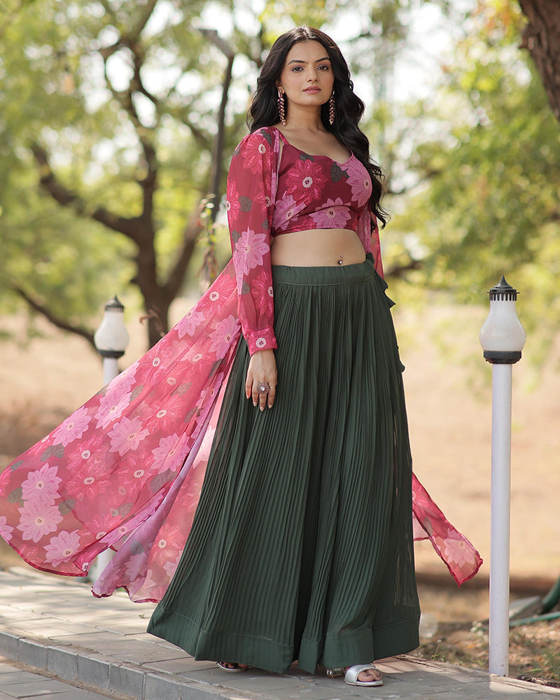 Green Color Faux Georgette Printed Lehenga Choli