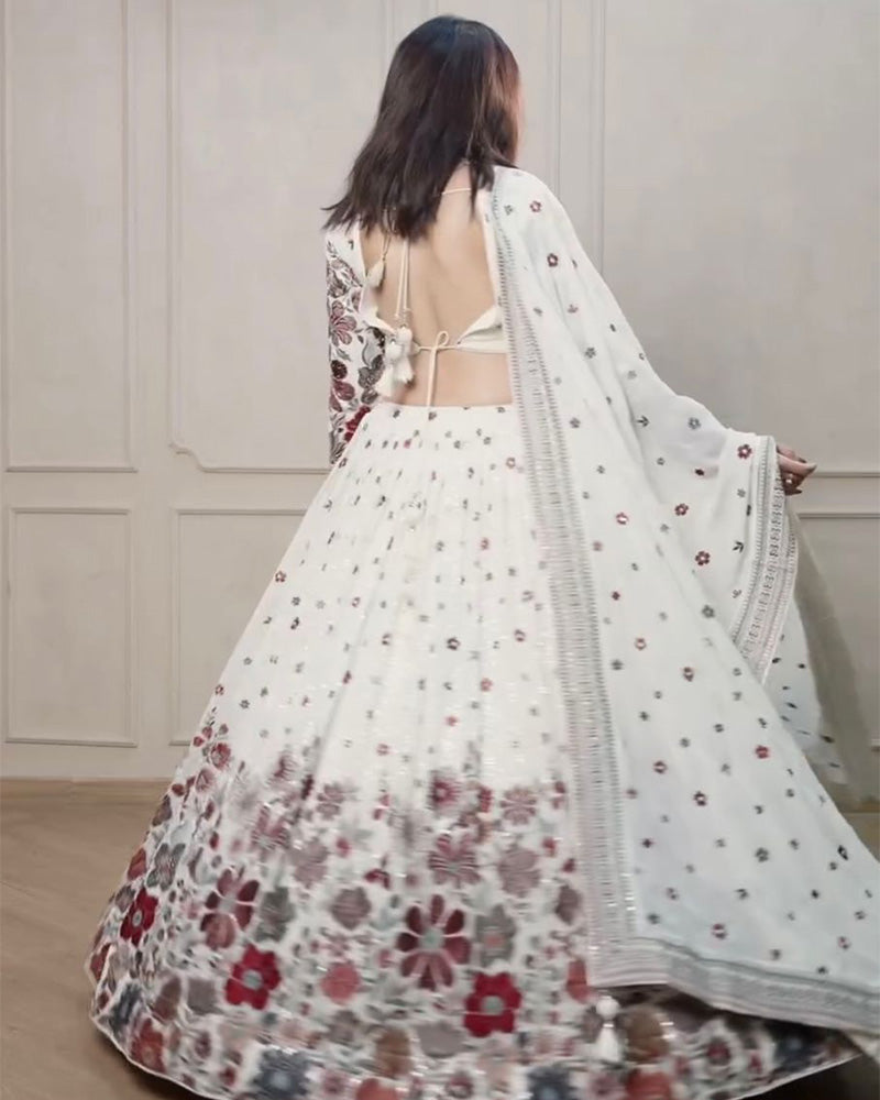 White Color Georgette Sequence Embroidered Lehenga Choli