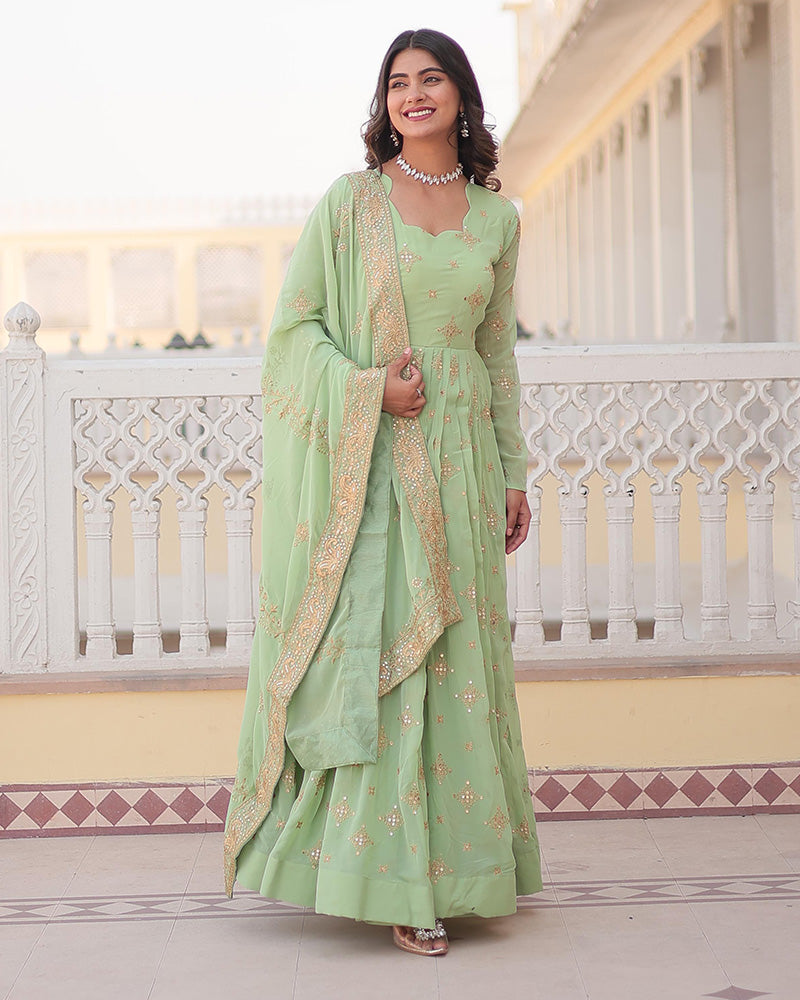 Beautiful Pista Color Georgette Gown With Embroidered Dupatta