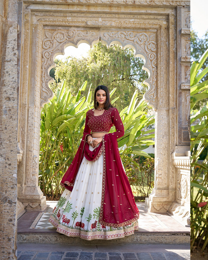 Wedding Wear White Color Georgette Embroidery Lehenga Choli