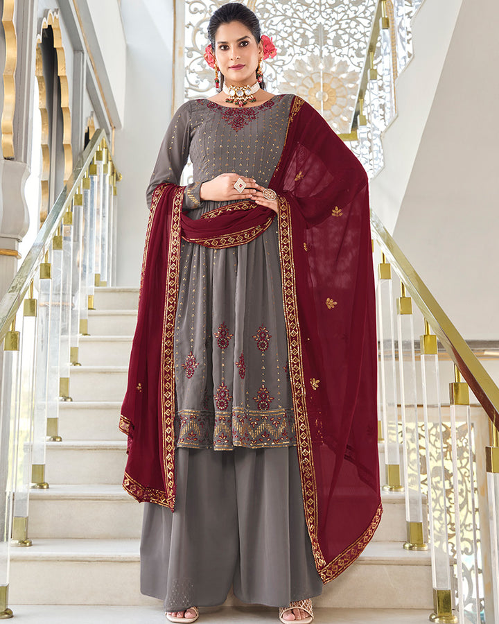 Embriodered Grey Color Georgette Three Piece Palazzo Suit