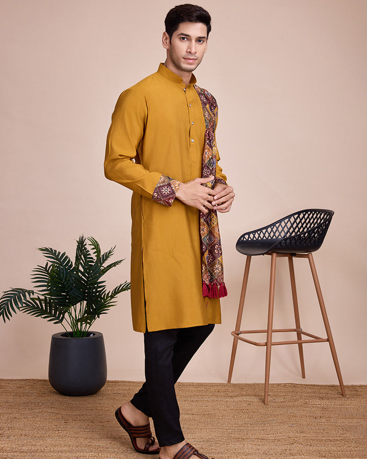 Yellow Color silk Men's Kurta With Dupatta