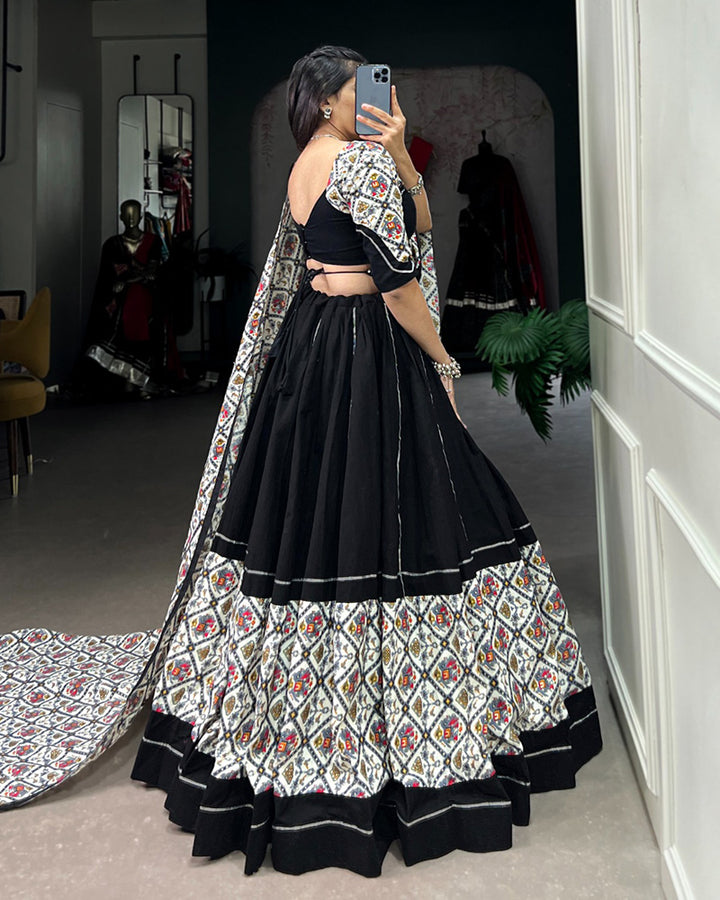 Designer Black And White Color Patola Printed Navratri Lehenga Choli