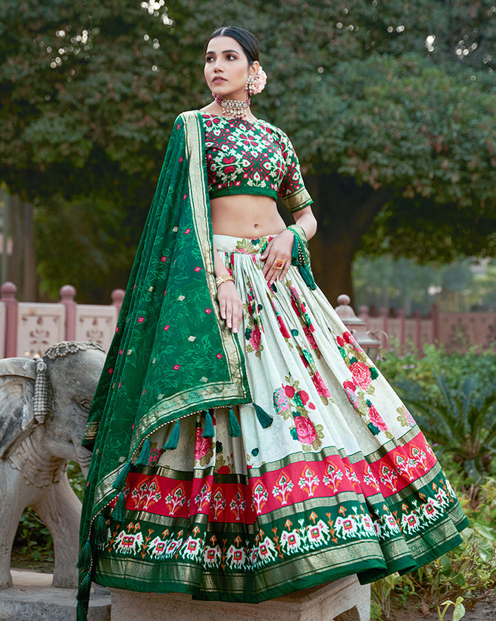 Green Color Tussar Silk Floral And Patola Print Lehenga Choli