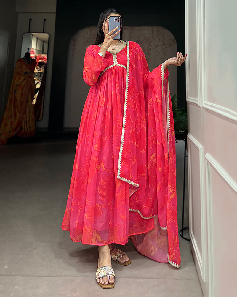 Pink Color Designer Alia Cut Georgette Gown with Dupatta