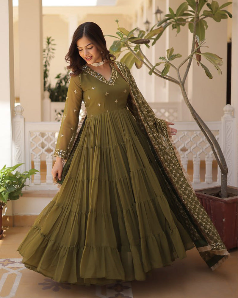 Designer Mehndi Color Anarkali Gown With Embroidery Dupatta
