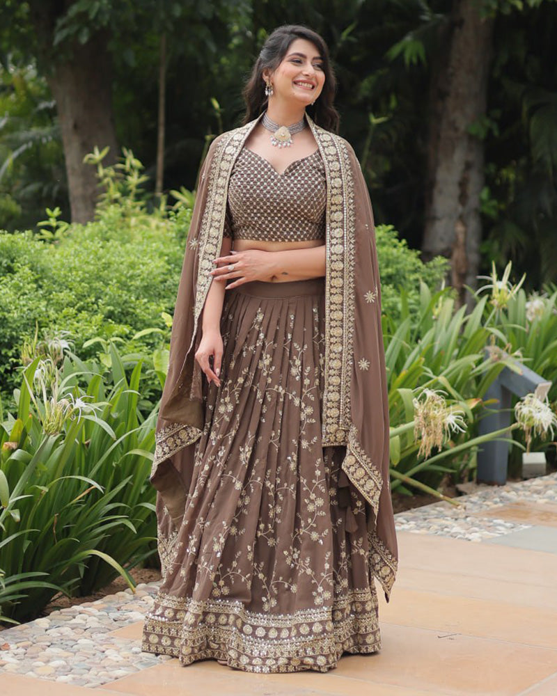 Designer Brown Color Blooming Lehenga Choli With Beautiful Dupatta