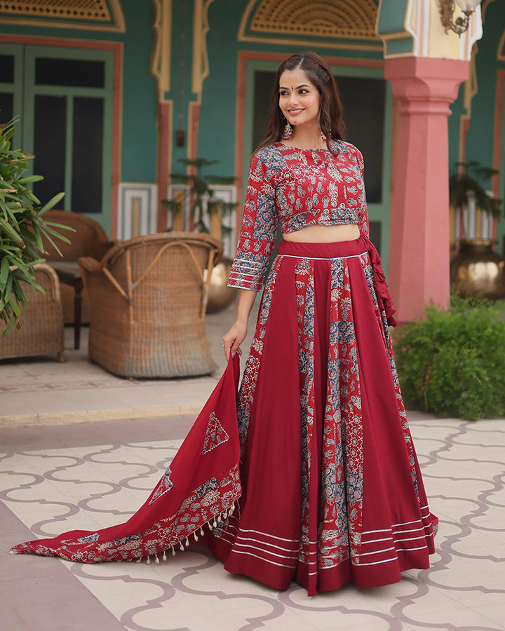 Navratri Wear Maroon Color Rayon Printed Lehenga Choli