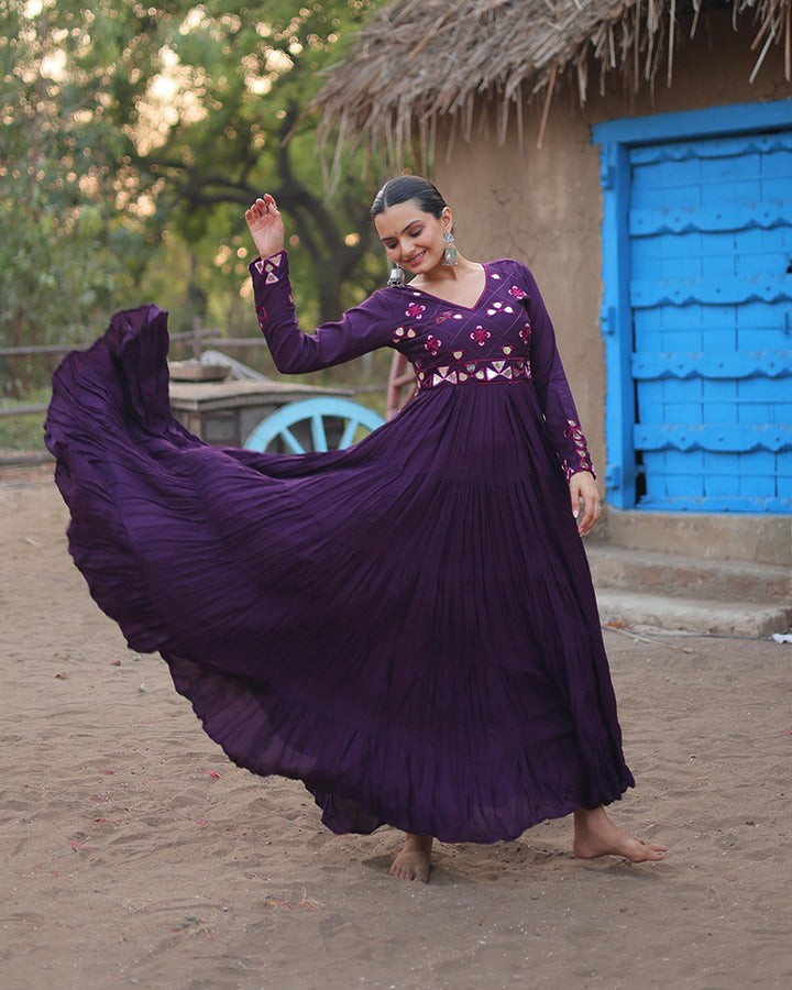 Navratri Special Purple Color Reyon Mirror Work Gown