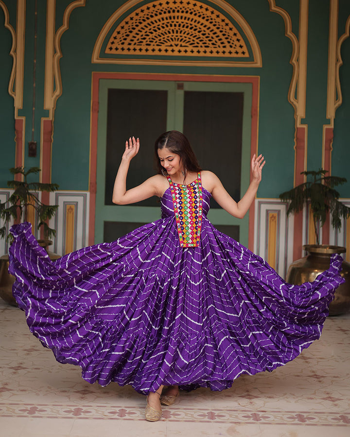 Navratri Special Purple Color Chinon Laheriya Gown