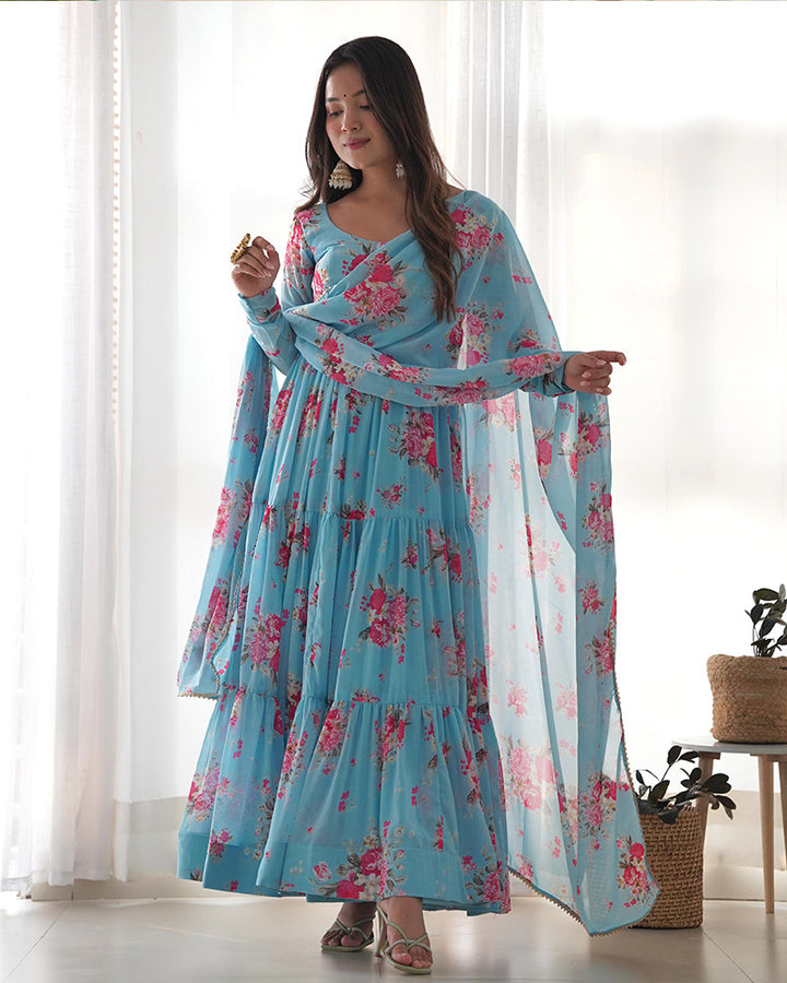 Floral Print Sky Blue Color Georgette Frill Anarkali Suit