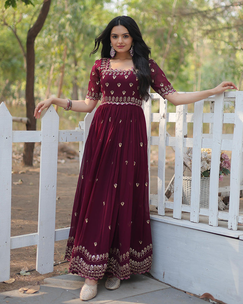 Reddish Maroon Color Designer Georgette Long Gown