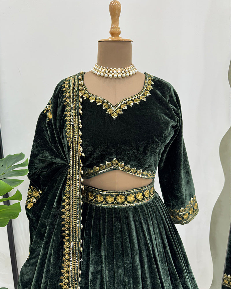 Green Color Viscose Velvet Sequence Work Lehenga Choli