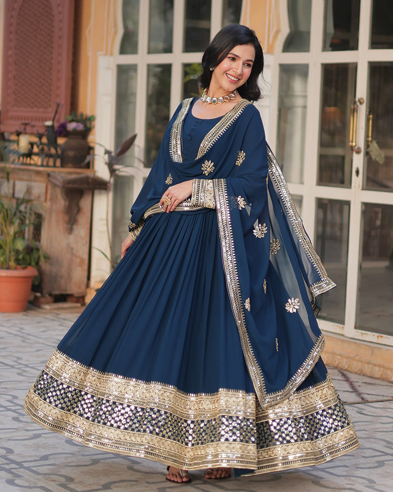 Designer Rama Color Gown With Sequence Embroidered Dupatta