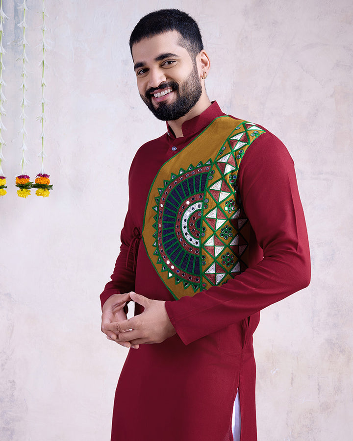 Maroon Color Rayon Embroidered Men's Kurta