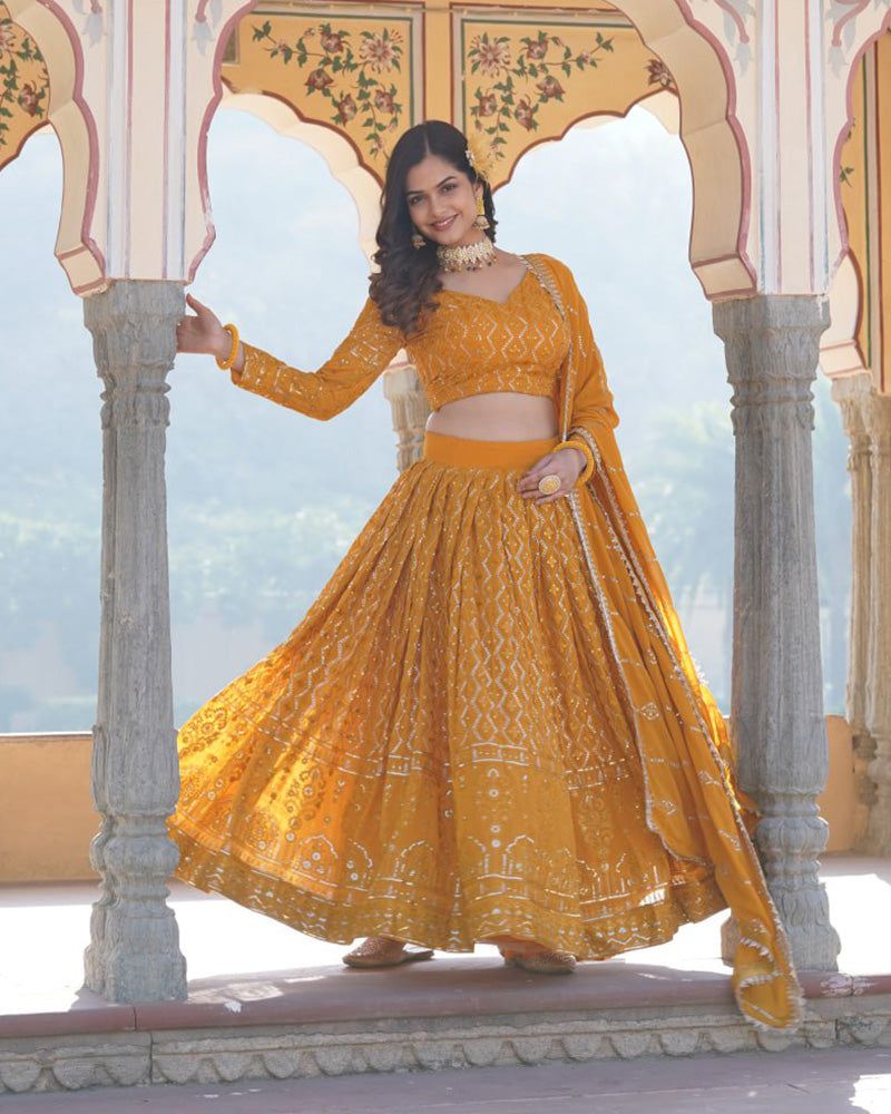 Latest Design Yellow Color Georgette Semi Stitched Lehenga Choli