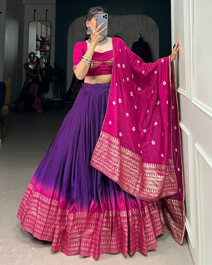 Purple Color Chanderi Navratri lehenga Choli With Bandhej Dupatta