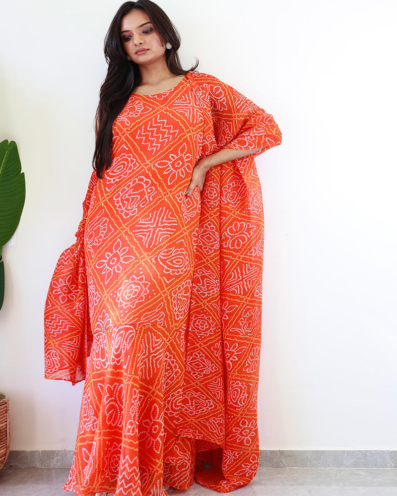 Orange Georgette Bandhej Print Ready To Wear Gown Saree