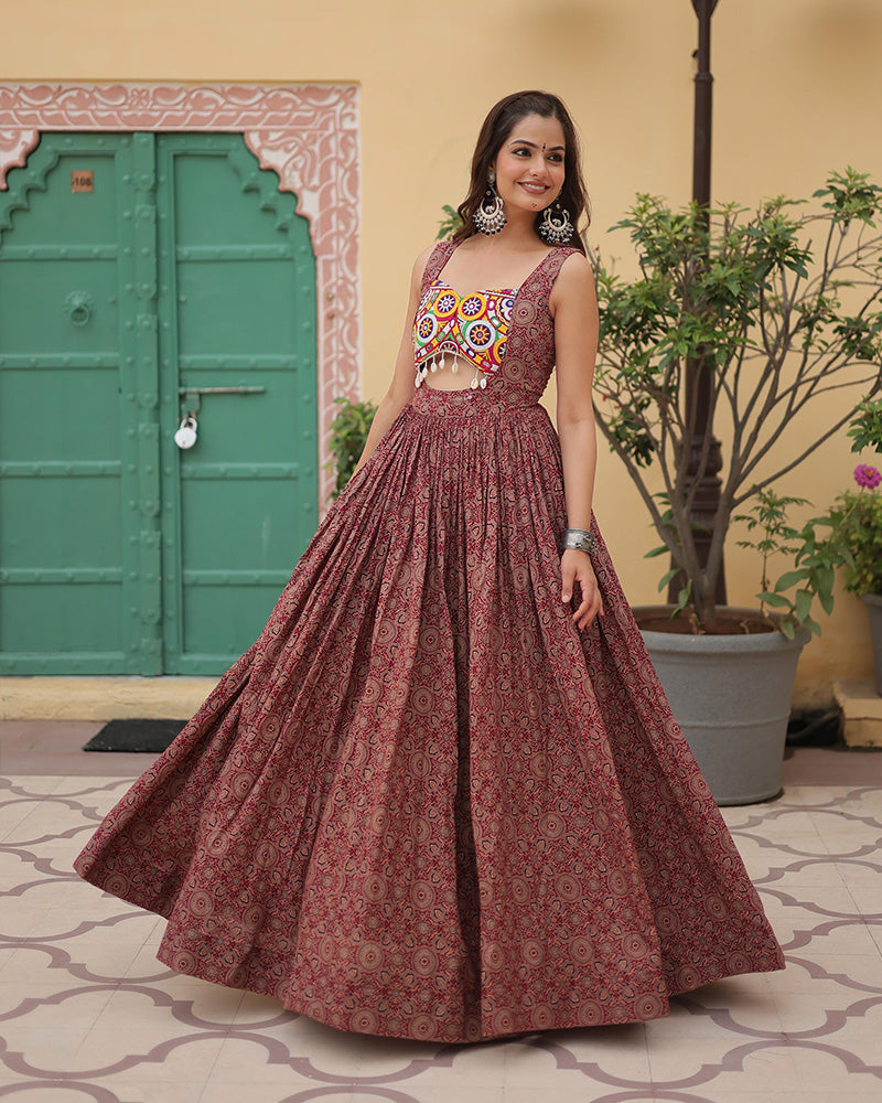 Navratri Special Maroon Color Cotton Printed Gown