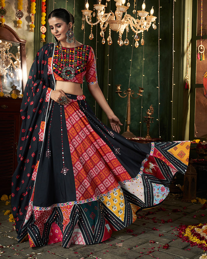 Black Color Maslin Cotton Fully Stitched Navratri Lehenga Choli