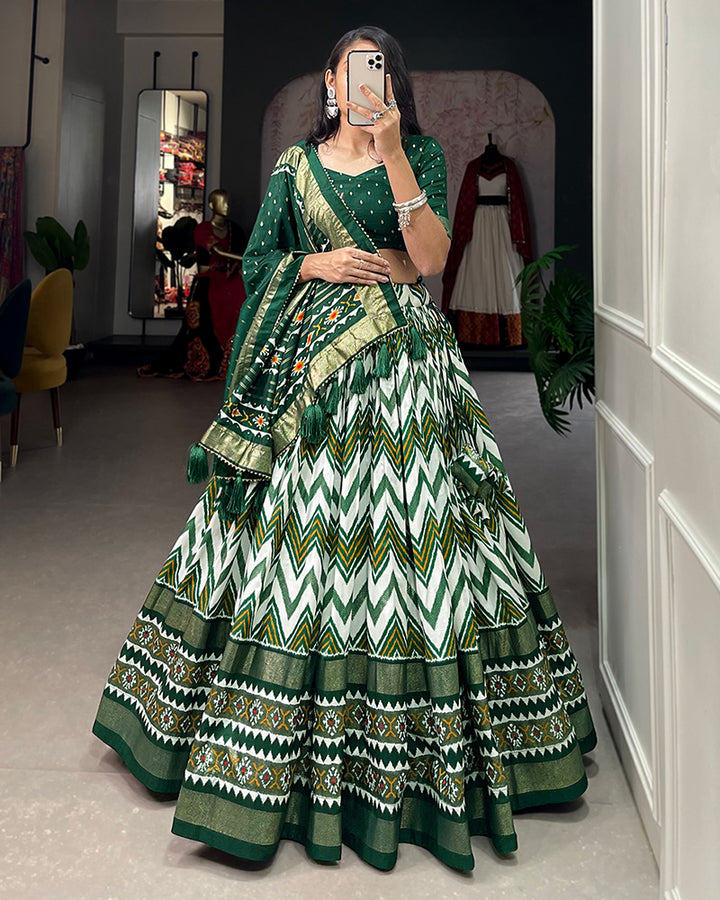 Green Color Leheriya Print Tussar Silk Designer Lehenga Choli