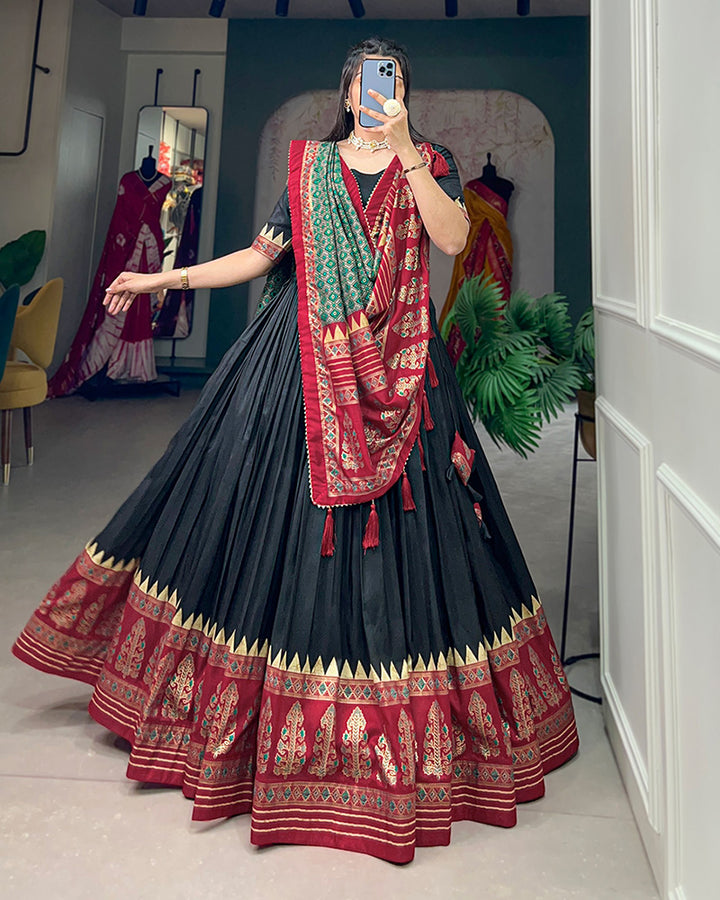 Black Color Tussar Silk Foil Print Designer Semi Stitched Lehenga Choli