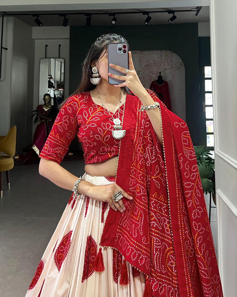 Bandhej Print Red Color Tussar Silk Lehenga Choli