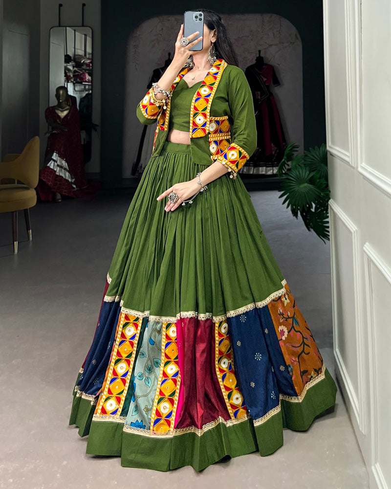 Mehndi Color Pure Rayon Gamthi Work Navratri Lehenga Choli