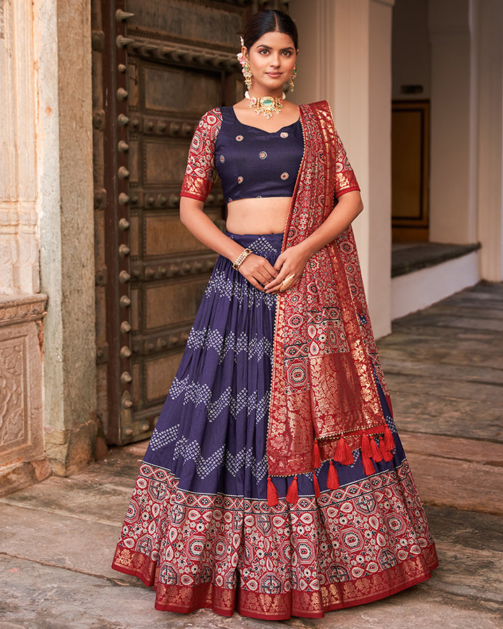 Navy Blue Color Ajarakh Printed Silk Designer Lehenga Choli