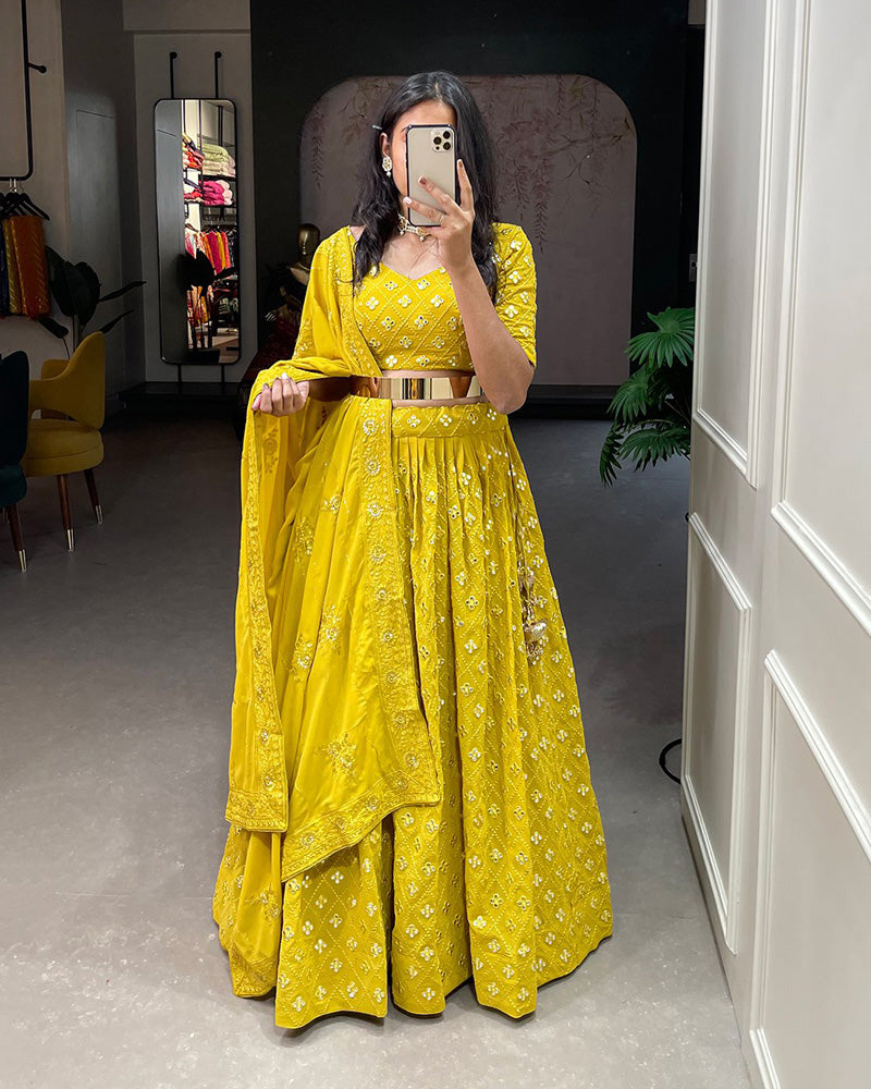 Yellow Mirror Work Beautiful Georgette Lehenga Choli