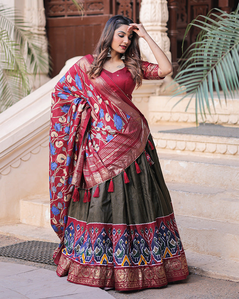 Mehendi Color Printed Dola Silk Wedding Wear Lehenga Choli