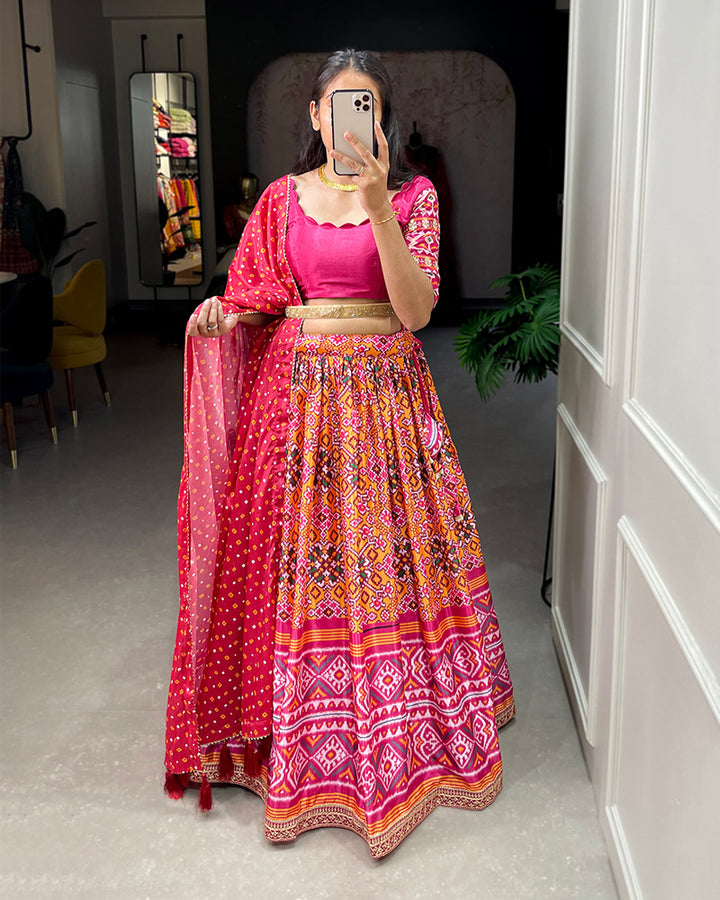 Pink Color Leheriya Patola Printed Chinon Lehenga Choli