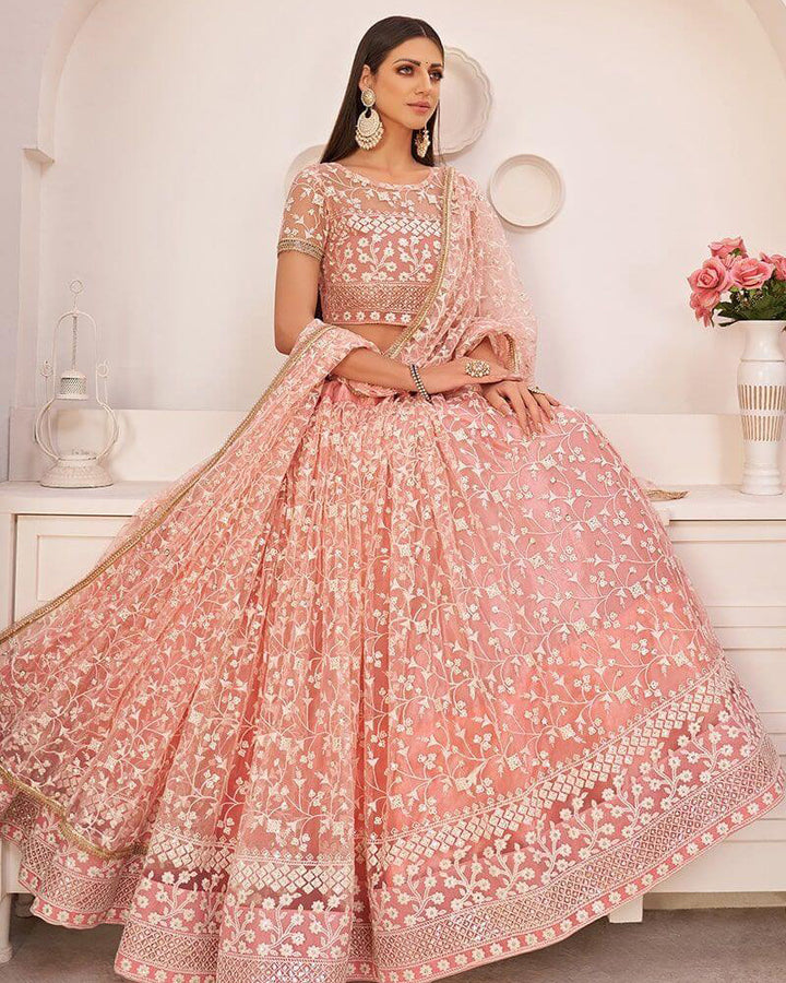 Peach Pink Sequence Soft Net Lehenga Choli