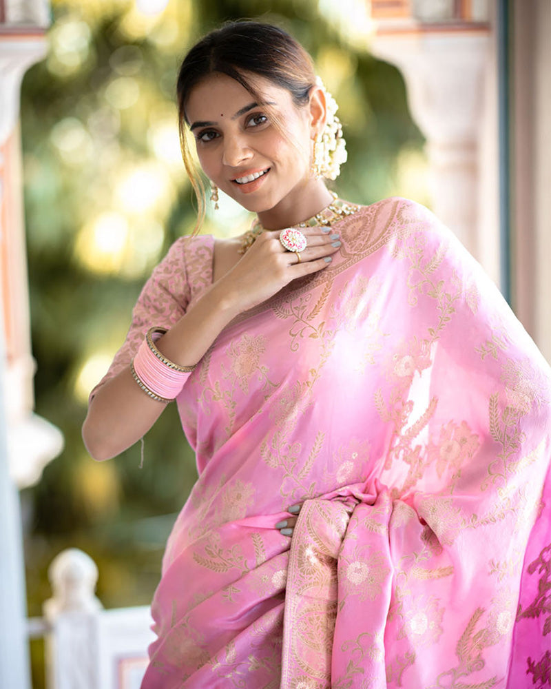 Designer Pink Color Jacquard Weaving Banarasi Silk Saree