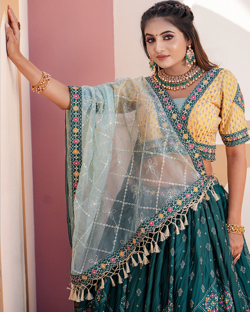 Rama Green Color Chinon Embroidered Wedding Lehenga Choli