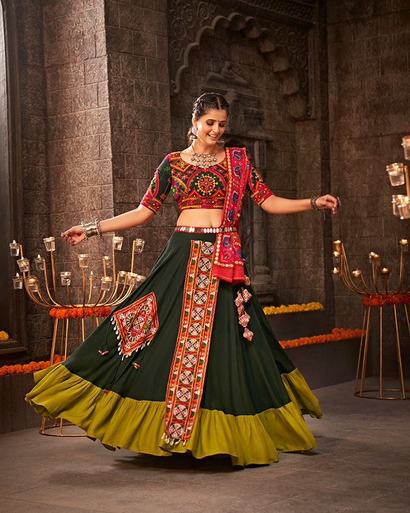 Dark Green Color Viscose Rayon With Real Mirror Work Navratri Lehenga Choli