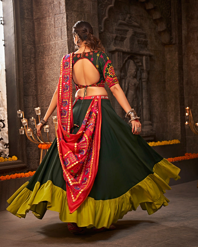 Dark Green Color Viscose Rayon With Real Mirror Work Navratri Lehenga Choli