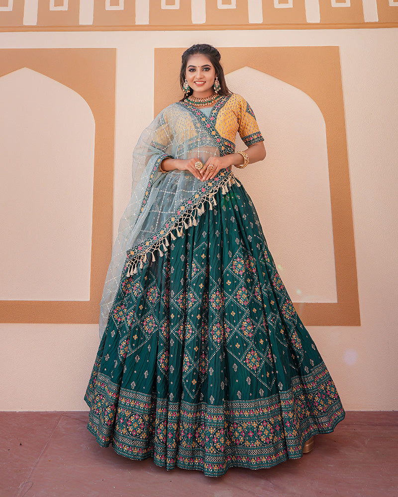 Rama Green Color Chinon Embroidered Wedding Lehenga Choli