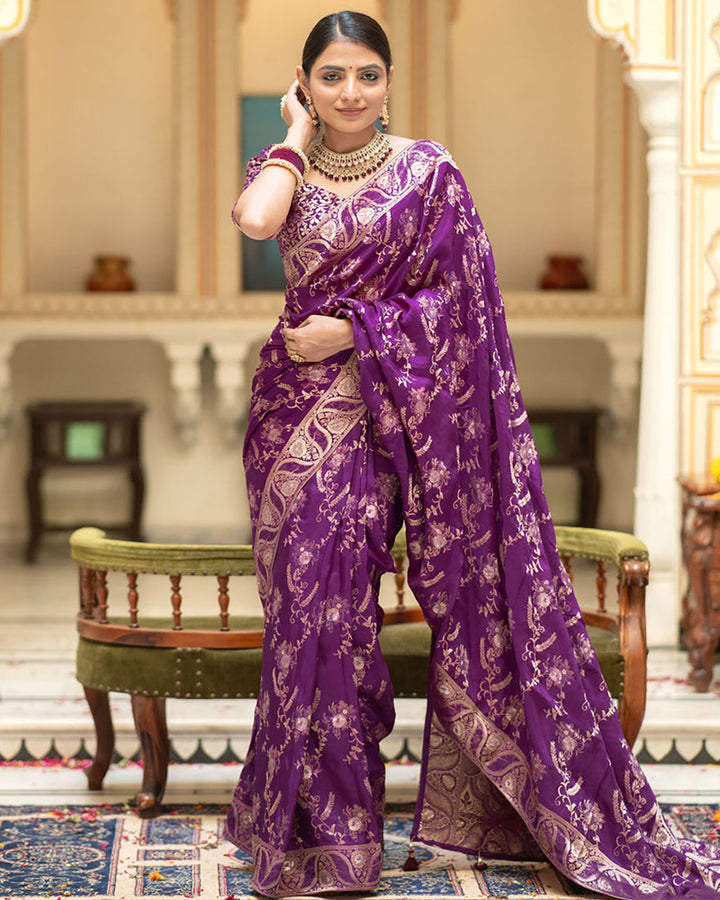 Designer Purple Color Jacquard Weaving Banarasi Silk Saree